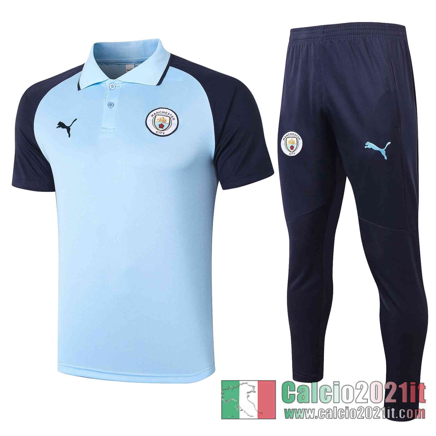 Manchester City Maglia Polo Calcio Azzurro Manica Royal Blue 2020 2021 P183