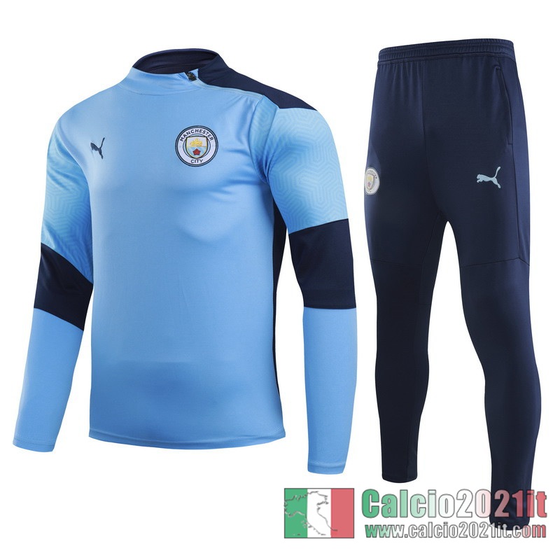 Manchester City Tuta Calcio Bambini Cielo blu Cerniera diagonale 2020 2021 TK44