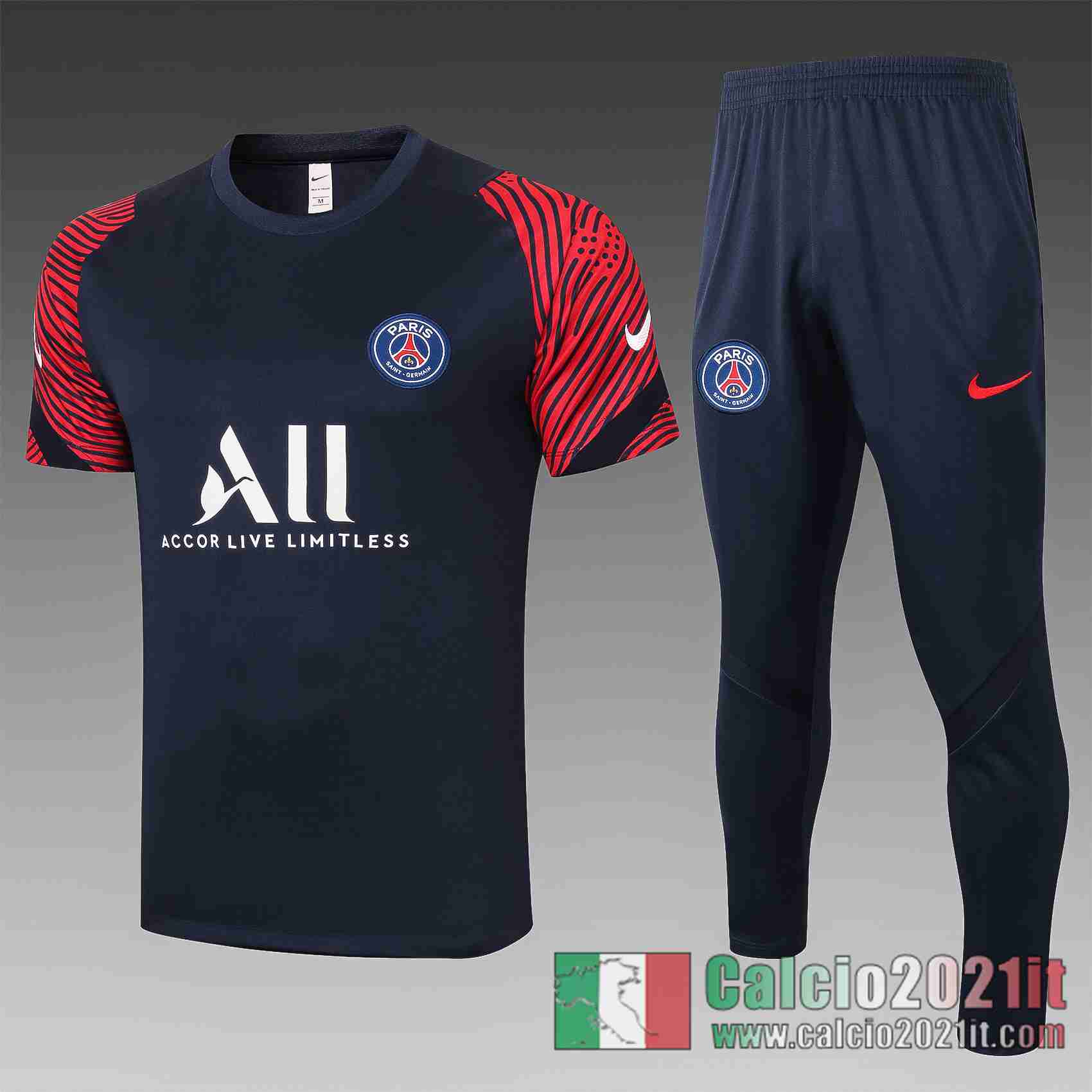Paris Magliette Tuta Calcio Blu scuro Manica rossa 2020 2021 T41