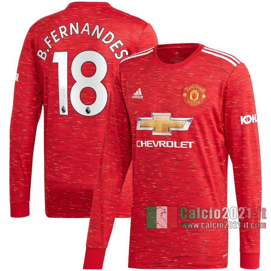 Le Nuove Prima Maglia Calcio Manchester United Uomo Manica Lunga Bruno Fernandes #18 2020-2021