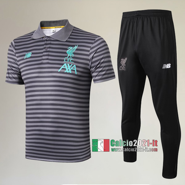 La Nuova Kit Magliette Polo FC Liverpool Manica Corta A Strisce + Pantaloni Grigio Scuro 2019/2020