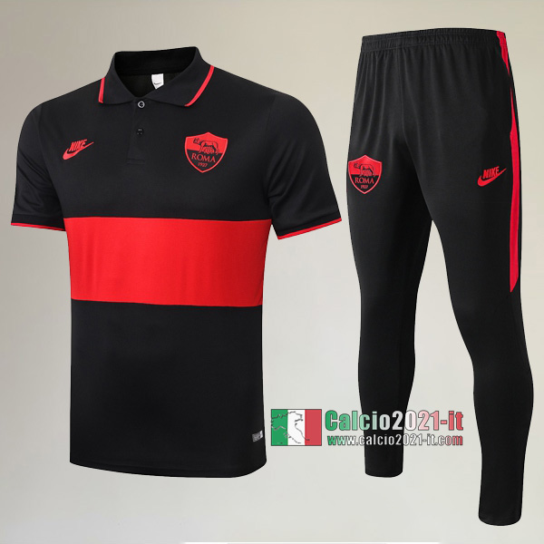 La Nuove Kit Maglietta Polo AS Roma Manica Corta + Pantaloni Nera Rossa 2020/2021 :Calcio2021-it