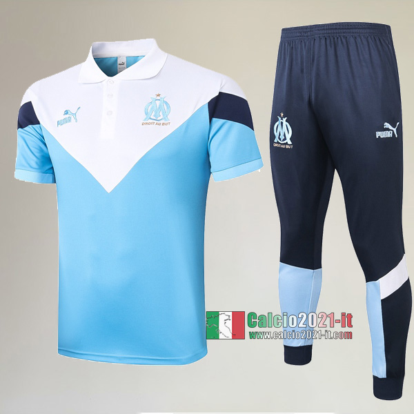 La Nuova Kit Magliette Polo Olympique Marsiglia Manica Corta + Pantaloni Bianca Azzurra 2020/2021