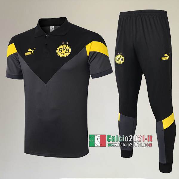 La Nuove Kit Maglietta Polo Borussia Dortmund Manica Corta + Pantaloni Nera Grigia 2020/2021