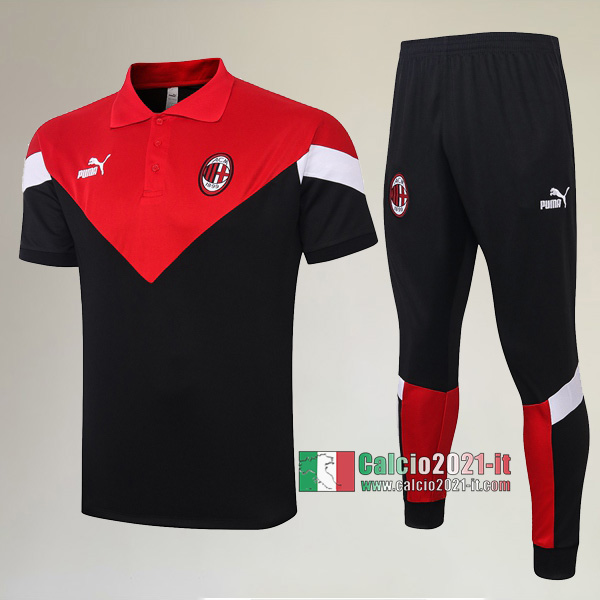 La Nuova Kit Magliette Polo AC Milan Manica Corta + Pantaloni Nera Rossa 2020/2021 :Calcio2021-it