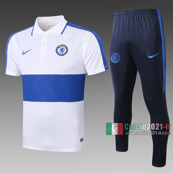 Calcio2021-It: Nuova Maglietta Polo Shirts Chelsea Fc Manica Corta Bianca-Azzurra C411# 2020/2021