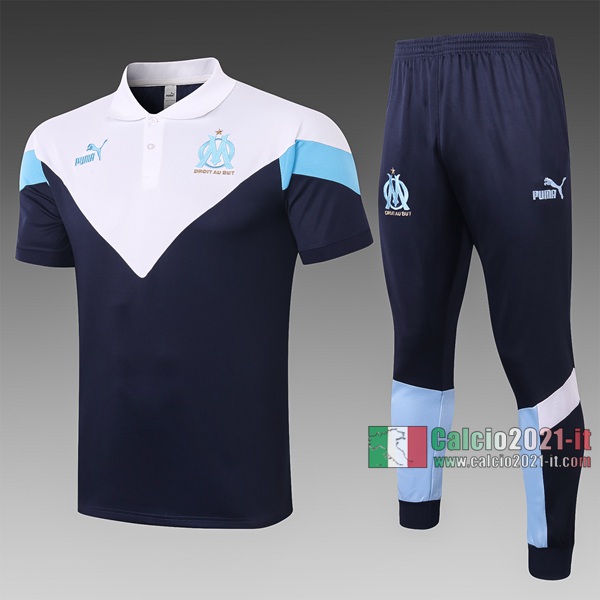 Calcio2021-It: Nuova Maglietta Polo Shirts Olympique Marsiglia Manica Corta Azzurra - Bianca C444# 2020/2021