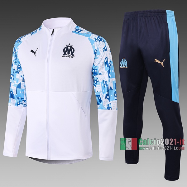 Calcio2021-It: Giacca Allenamento Olympique Marsiglia Full-Zip Manica Stampate Bianca A354 2020 2021