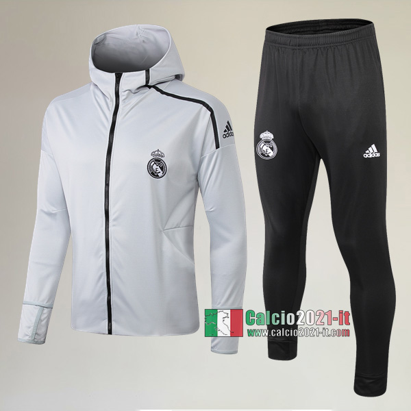 A++ Qualità: Felpa Sportswear Cappuccio Hoodie Nuova Del Tuta Del Real Madrid + Pantaloni Grigio Chiaro 2019/2020