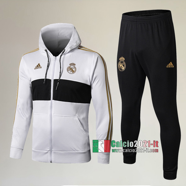 A++ Qualità: Full-Zip Giacca Cappuccio Hoodie Nuova Del Tuta Del Real Madrid + Pantaloni Bianca 2019-2020