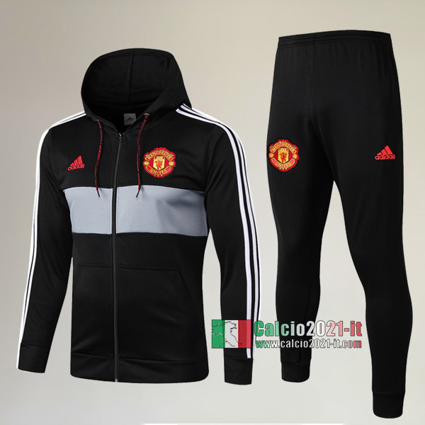 A++ Qualità: Full-Zip Giacca Cappuccio Hoodie Nuova Del Tuta Del Manchester United + Pantaloni Nera/Grigia 2019/2020