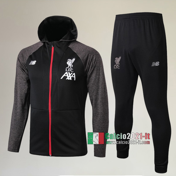 A++ Qualità: Full-Zip Giacca Cappuccio Hoodie Nuova Del Tuta FC Liverpool + Pantaloni Nera/Grigia 2019-2020