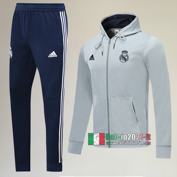 A++ Qualità: Full-Zip Giacca Cappuccio Hoodie Nuova Del Tuta Del Real Madrid + Pantaloni Grigia 2019/2020