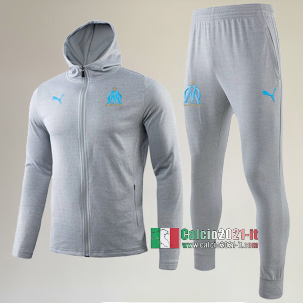 AAA Qualità: Full-Zip Giacca Cappuccio Hoodie Nuove Del Tuta Olympique Marsiglia (OM) + Pantaloni Grigia 2019/2020