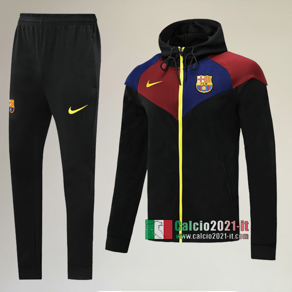 Full-Zip Giacca Cappuccio Hoodie Nuova Tuta Del FC Barcellona + Pantaloni Nera Azzurra Rossa 2020-2021