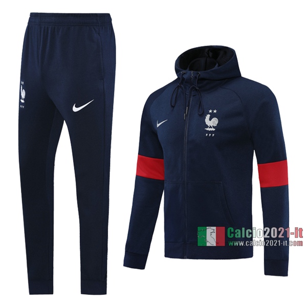 Calcio2021-It: Giacca Allenamento Francia Cappuccio Full-Zip Azzurra Scuro 2020 2021