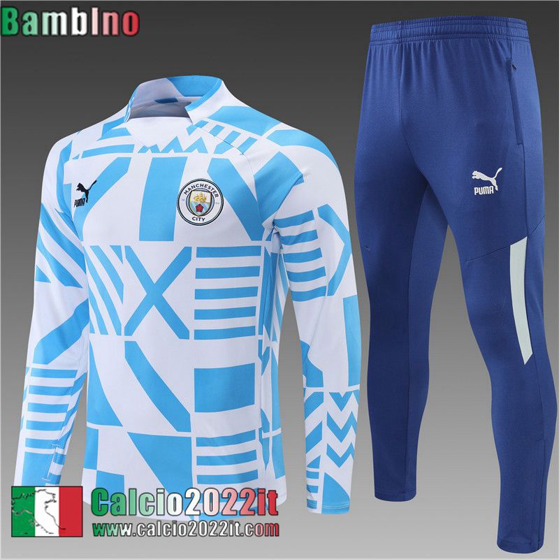 Manchester City Tute Calcio blu bianco Bambini 2022 2023 TK316